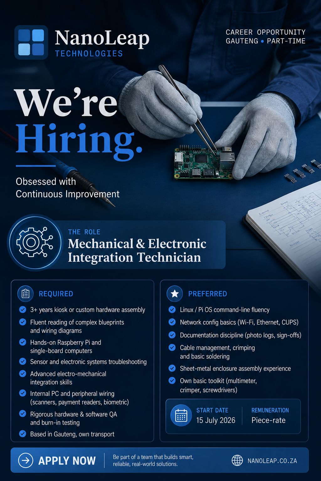NanoLeap Technologies recruitment poster: gloved hands assembling a Raspberry Pi board with tweezers beside a soldering iron and wiring diagrams, under the headline We're Hiring: Mechanical & Electronic Integration Technician, Gauteng, part-time